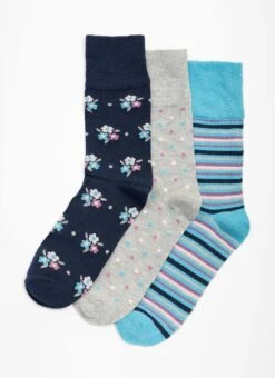 3 Pack Floral / Spot / Stripe Bamboo Blend Socks
