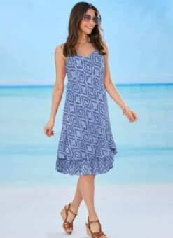 Cotton Blend Tiered Aztec Print Dress