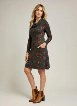 Warm Handle Cowl Neck Printed Dress
