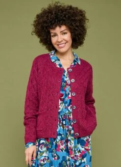 Wool Blend Crew Neck Pointelle Cardigan