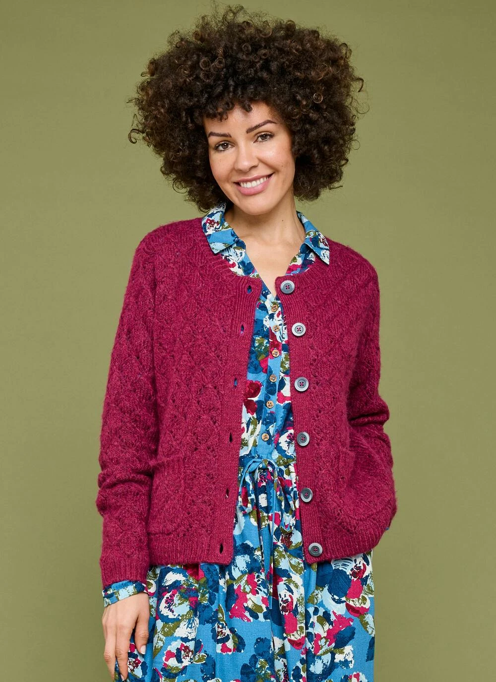 Wool Blend Crew Neck Pointelle Cardigan 3 Wool Blend Crew Neck Pointelle Cardigan