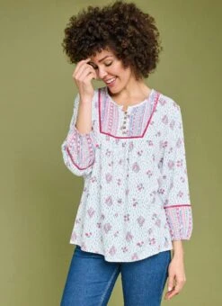 Pure Cotton Printed Pintuck Blouse