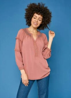 Embroidered Shirred Neck Blouse