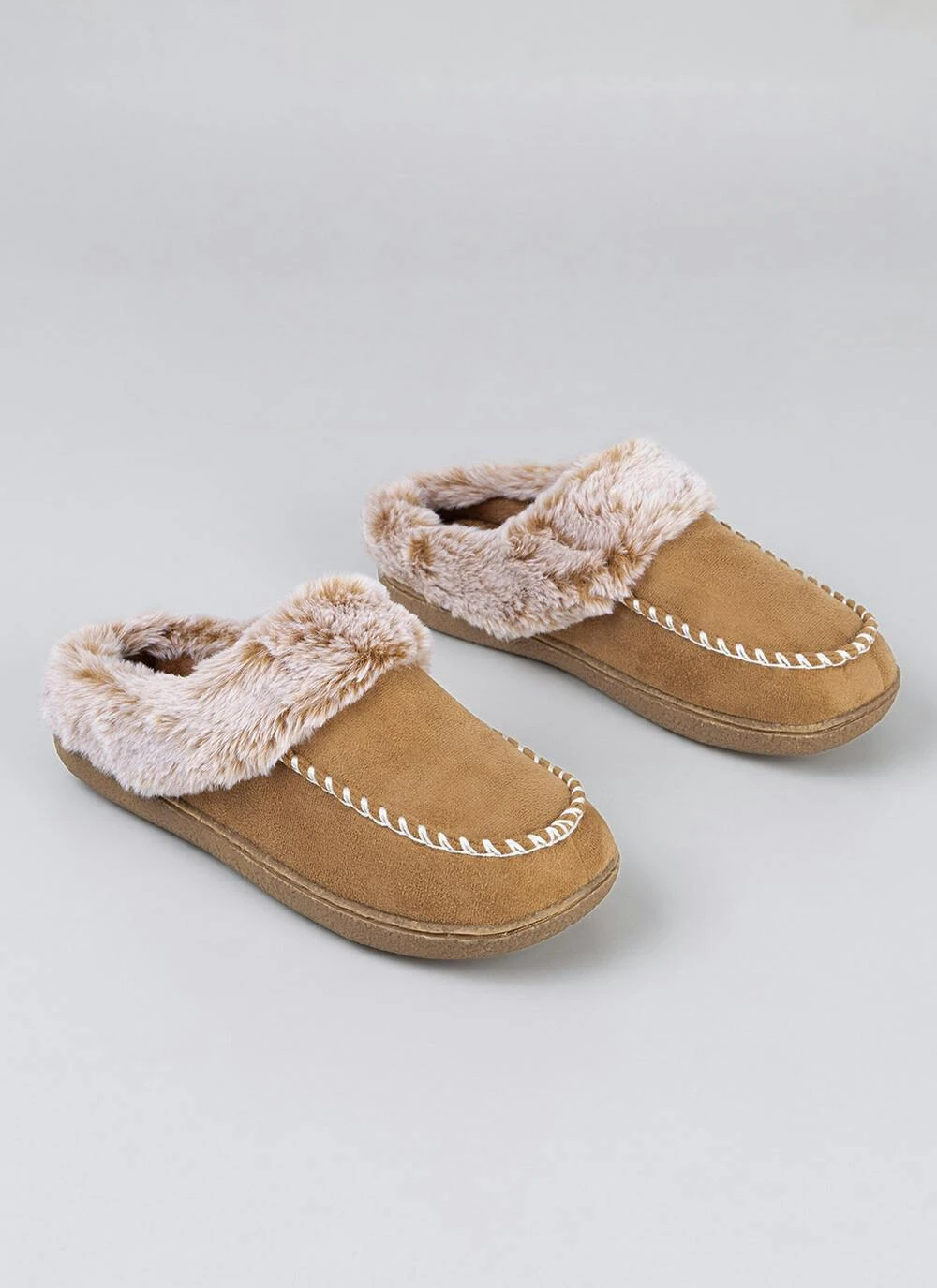 Comfy Faux Fur Lined Whip Stich Detail Mule Slippers 3 Comfy Faux Fur Lined Whip Stich Detail Mule Slippers